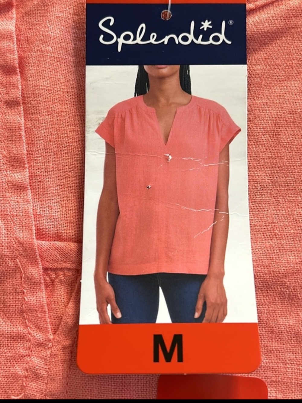 Splendid Coral Split-Neck Linen Blend Top size M Coral